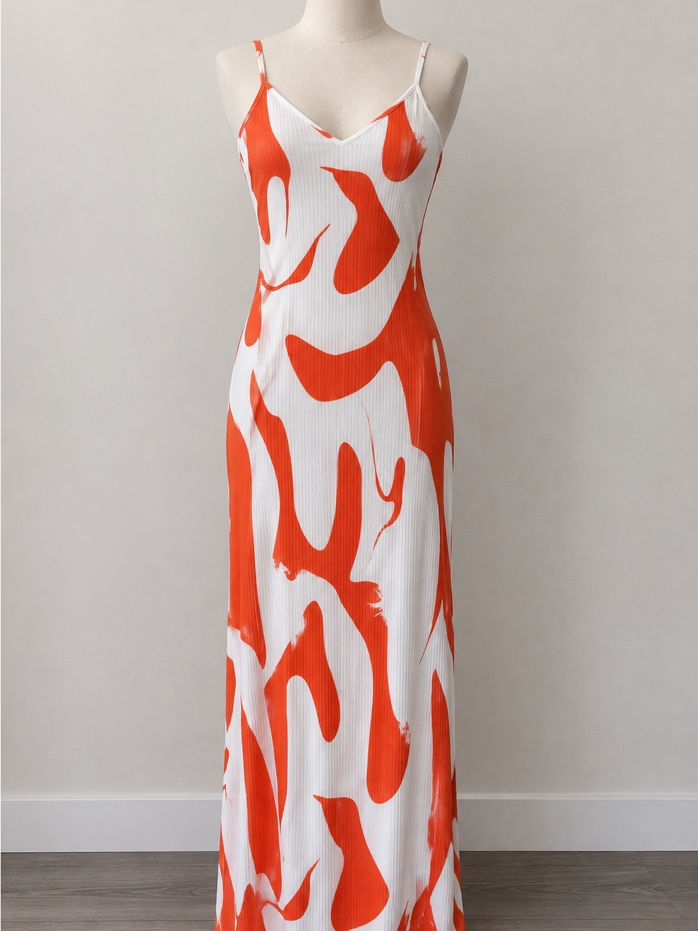 SHEIN Orange and White Abstract Print Spaghetti Strap Maxi Dress